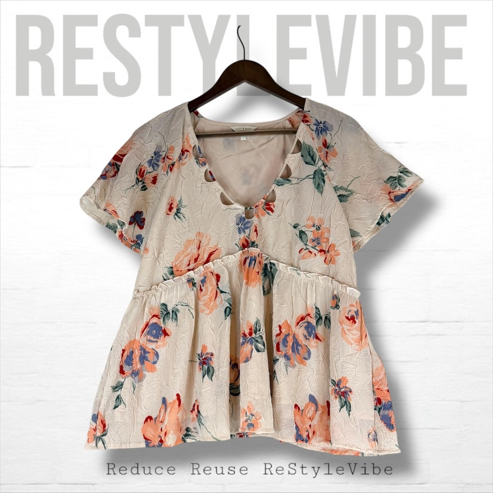 LUCKY BRAND Women’s Size S Top Shirt Blouse Floral Peplum Style Flutter Sleeve